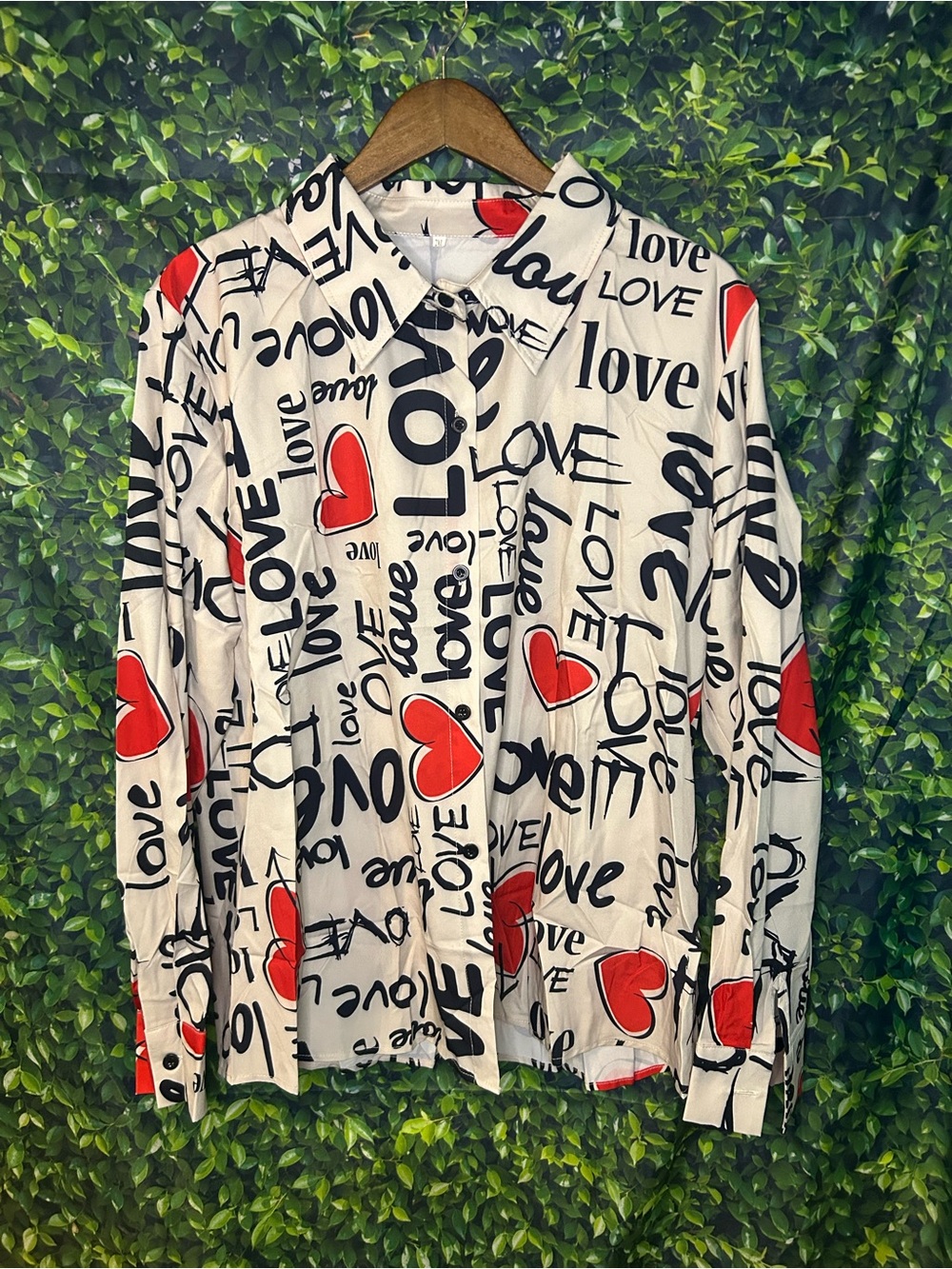 White 'Love' Print Button-Up Shirt with Red Hearts